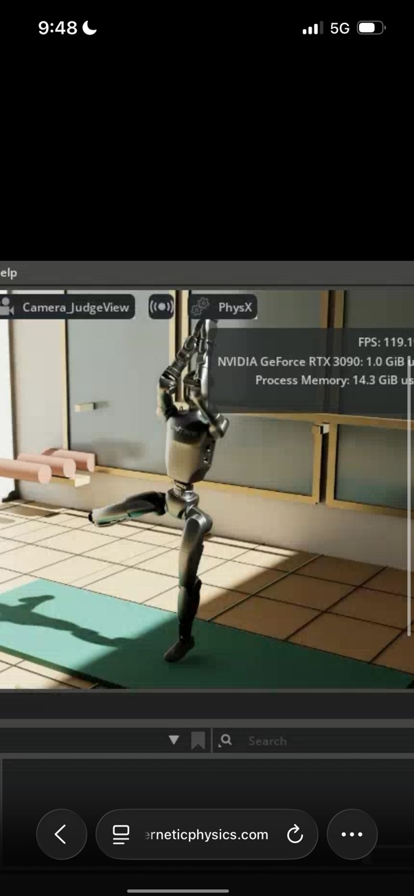 Close-up phone screenshot of a Unitree G1 in an Isaac Sim yoga studio scene.