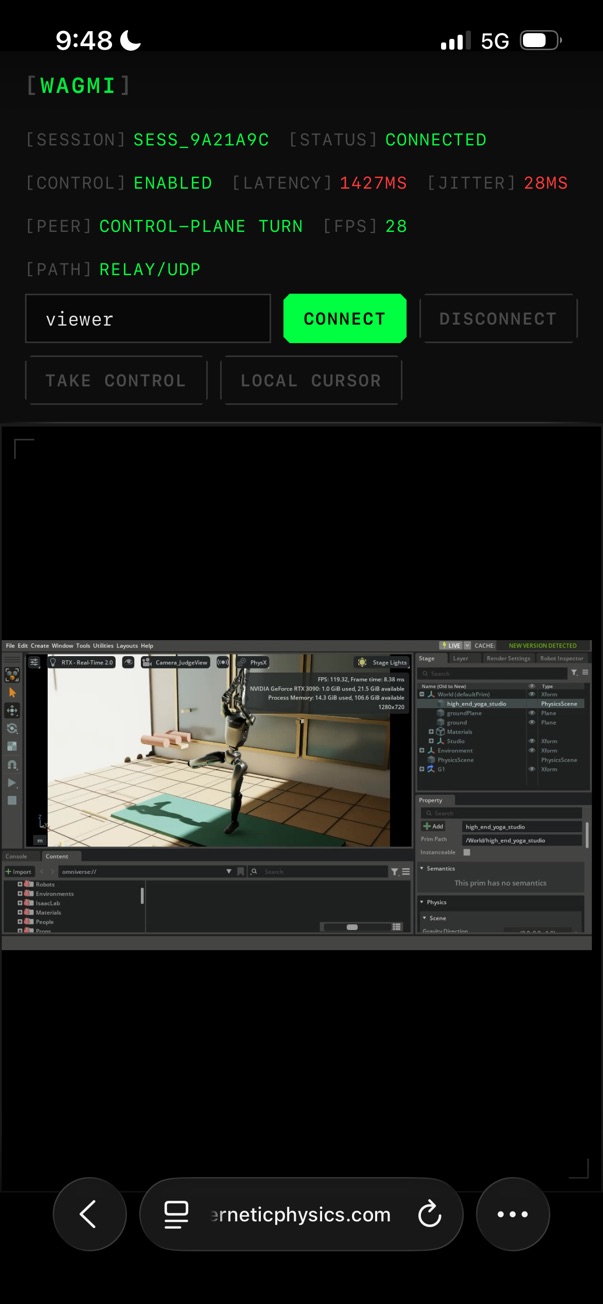Phone screenshot of the Cybernetic Physics viewer connected to Isaac Sim with a Unitree G1 on a yoga mat.