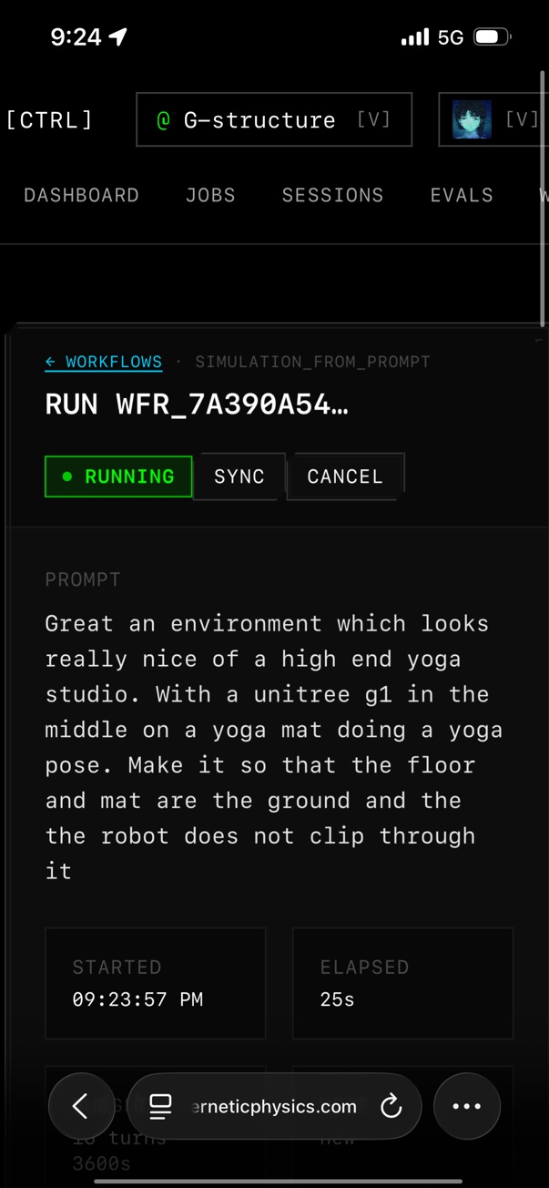 Mobile workflow run page showing a simulation_from_prompt run for a Unitree G1 yoga studio scene.