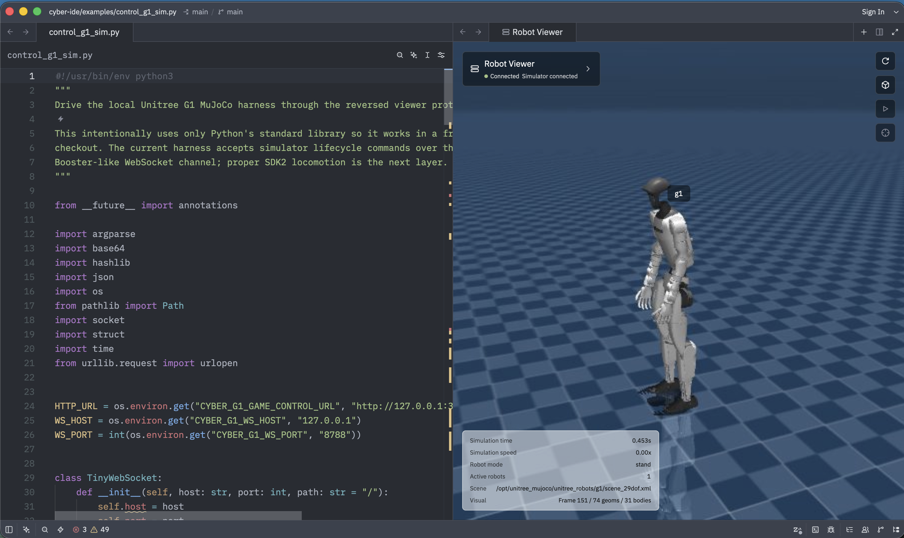 Cybernetic IDE showing Python control code beside a MuJoCo Robot Viewer connected to a Unitree G1 simulator.