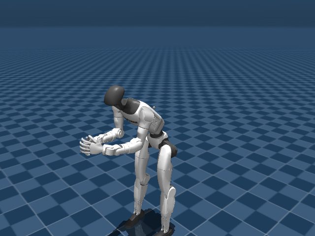 Unitree G1 holding forward fold pose in MuJoCo under the learned policy.