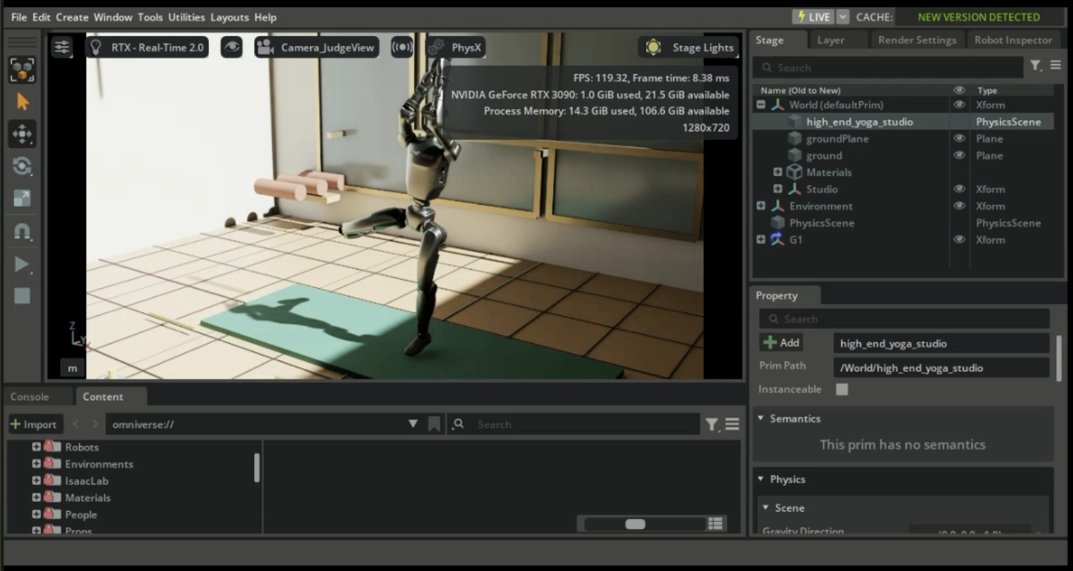 Embedded Isaac Sim viewer showing a completed workflow scene.
