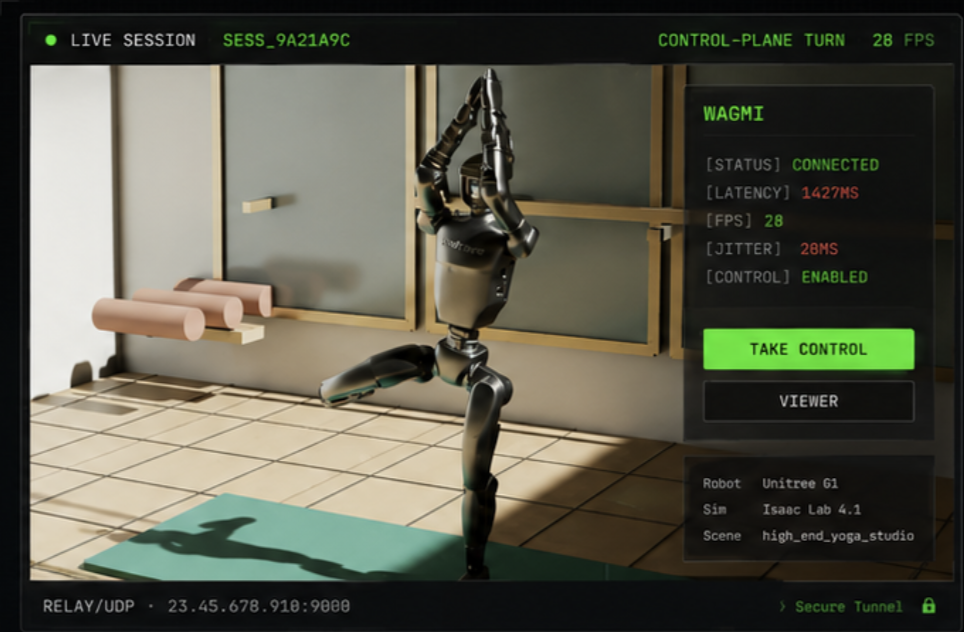 Unitree G1 in a simulated yoga studio, built by a workflow agent from a plain-English prompt.